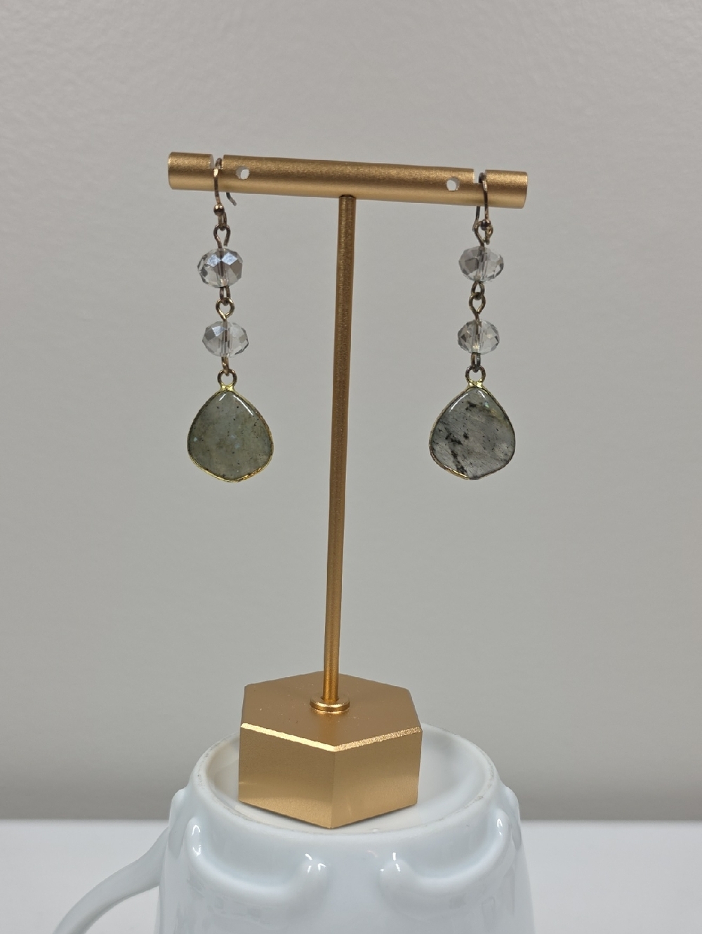 Handmade Gold-Trim Labradorite Drop Earrings with Grey Beads
